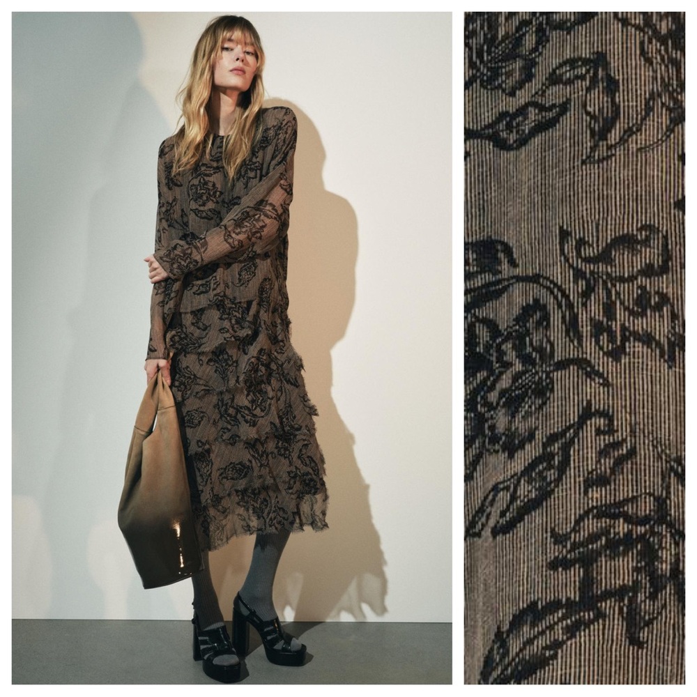 NWT. Zara ZW Collection Brown/Black Flower Printed Fabric Midi Dress. Size M.